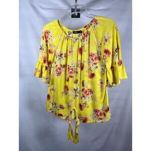 CURE Yellow Floral Tie Front Bell Sleeve Top Size S